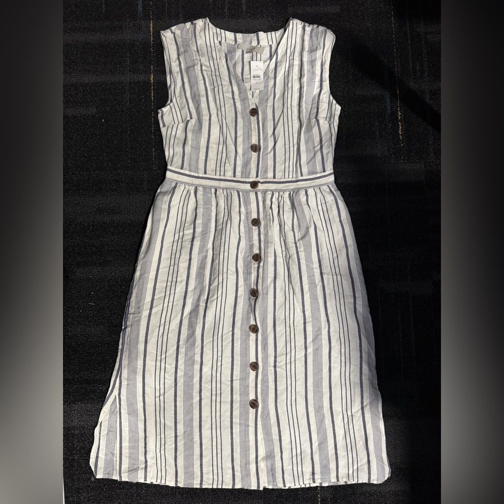 NWT LOFT Navy and White Striped Linen Dress Womens Size 8